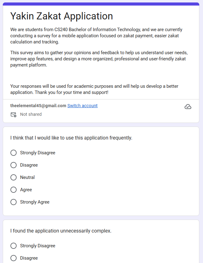 Google Form for Yakin Zakat SUS Survey